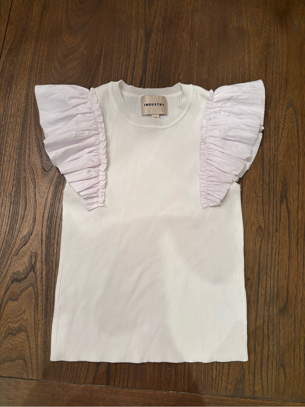 Industry White Ribbed Top with Pale Pink Ruffle Sleeves